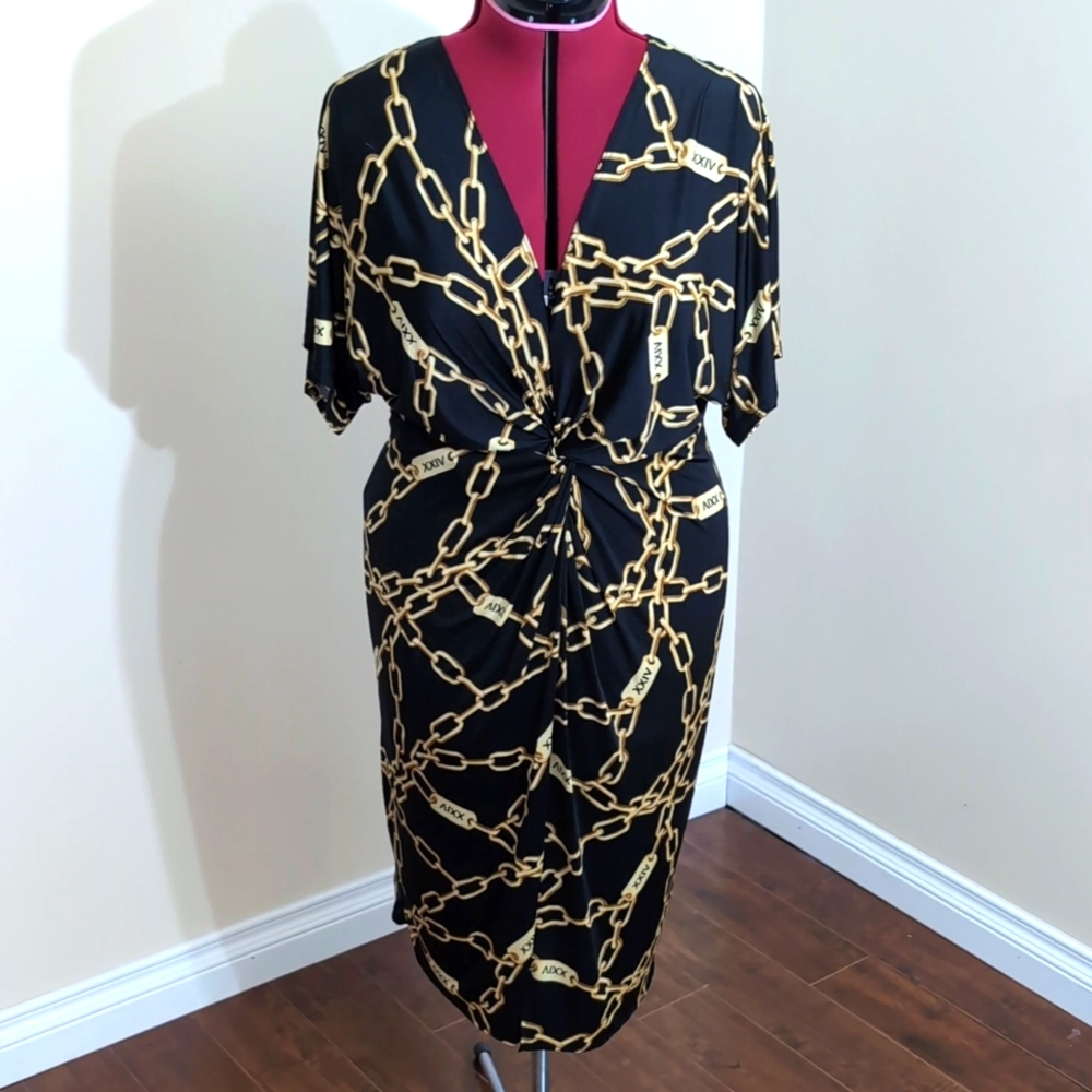 Fashion Nova| Black V-Neck Midi Dress With Gold Toned Chain Link Pattern